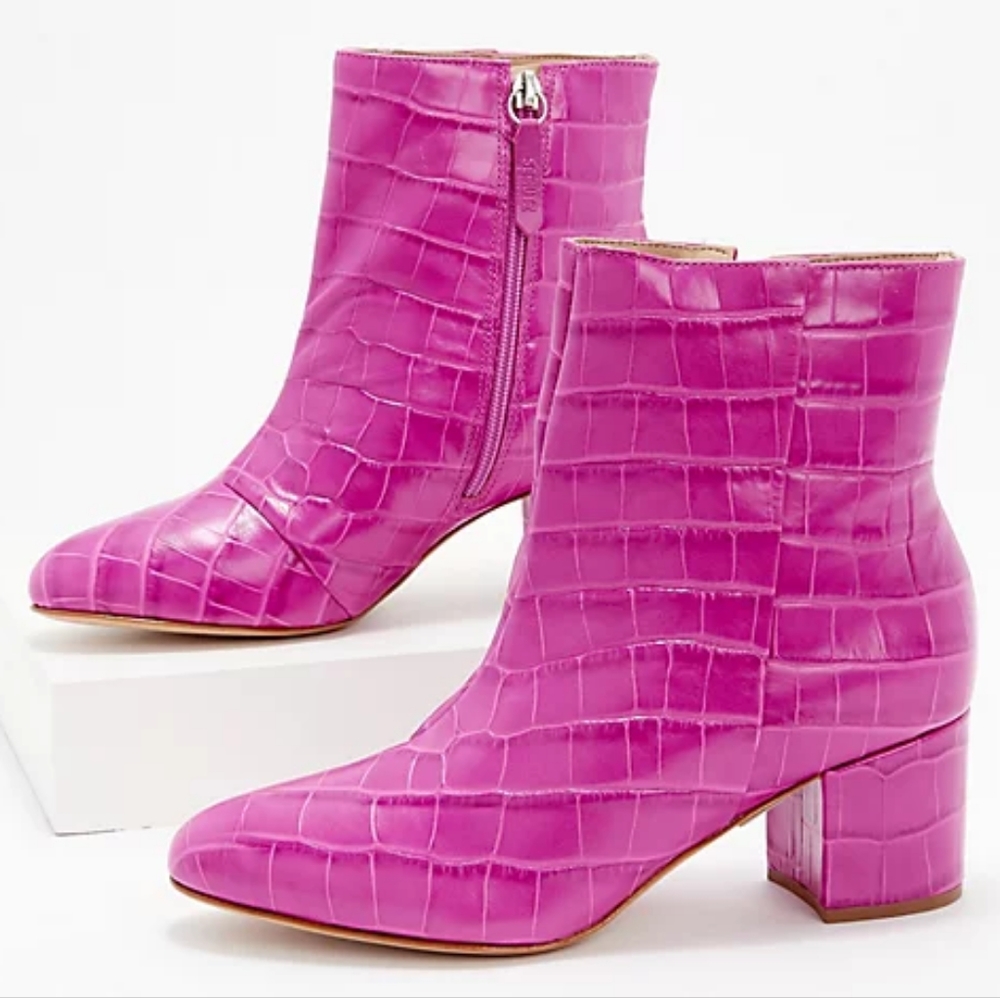 SCHUTZ Hot Pink Croc-Embossed Leather Ankle Boots